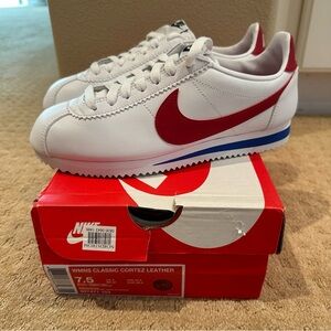 Nike classic Cortez white leather sneakers with red and blue accents